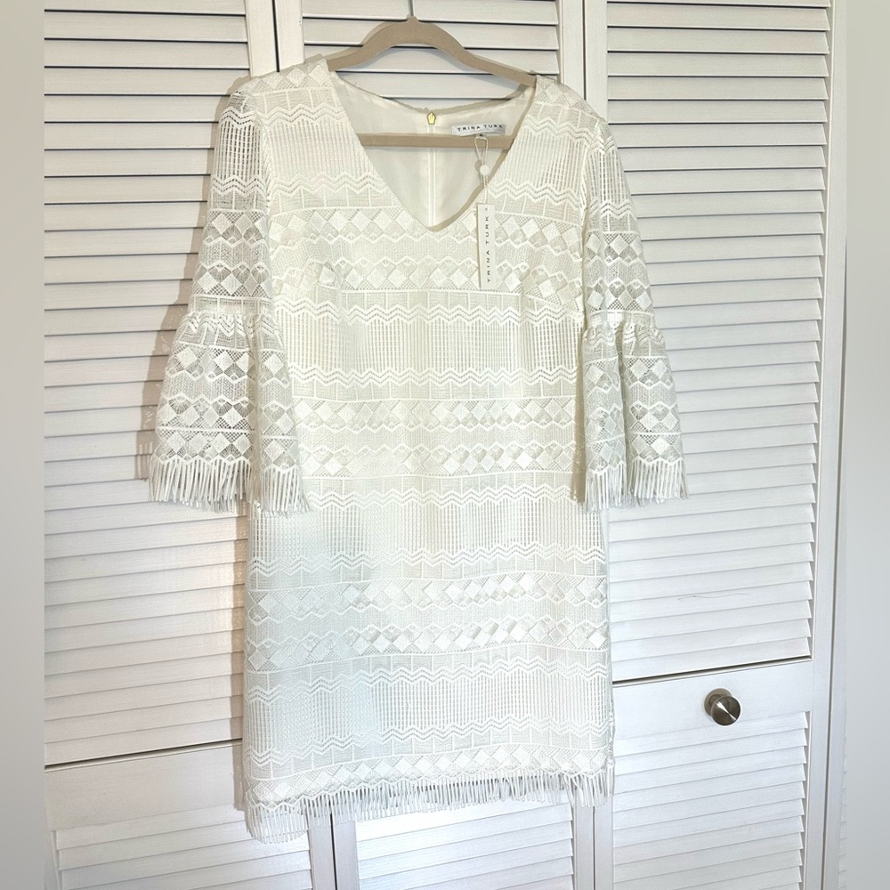 Trina Turk White Lace Fringed Bell Sleeve Cocktail Sheath Dress, Size 6, NWT - Picture 6 of 10